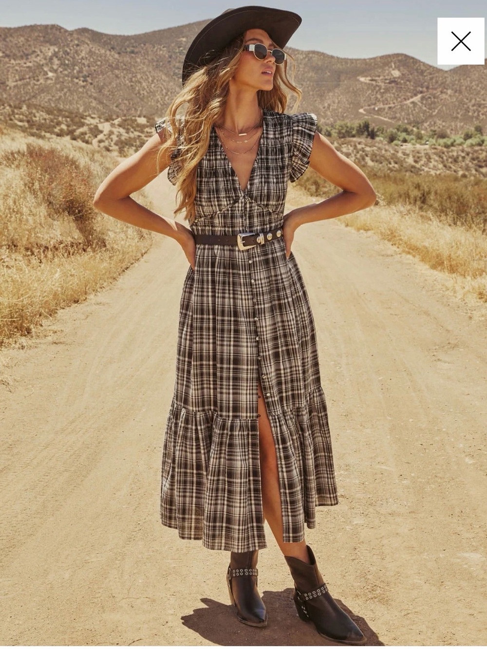 VICI Lindah Smocked Plaid Maxi Dress